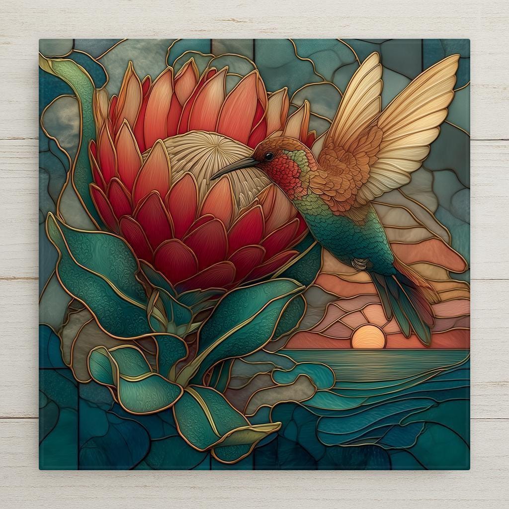 Hummingbird and protea flower stained glass style wall art ceramic tile featuring a colorful hummingbird hovering beside a coral protea bloom over ocean sunset coastal decor.