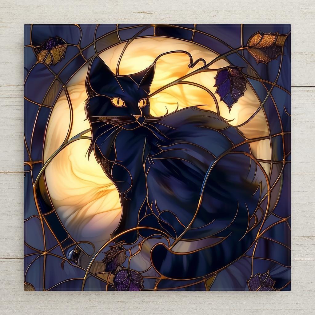 A hauntingly beautiful black cat wall art tile set against a golden harvest moon in stained glass style. Perfect for Halloween or gothic décor. A mystical, witchy accent for fall displays or year-round magic. Optional tile stand, tile wall hanger, or cork backing available.