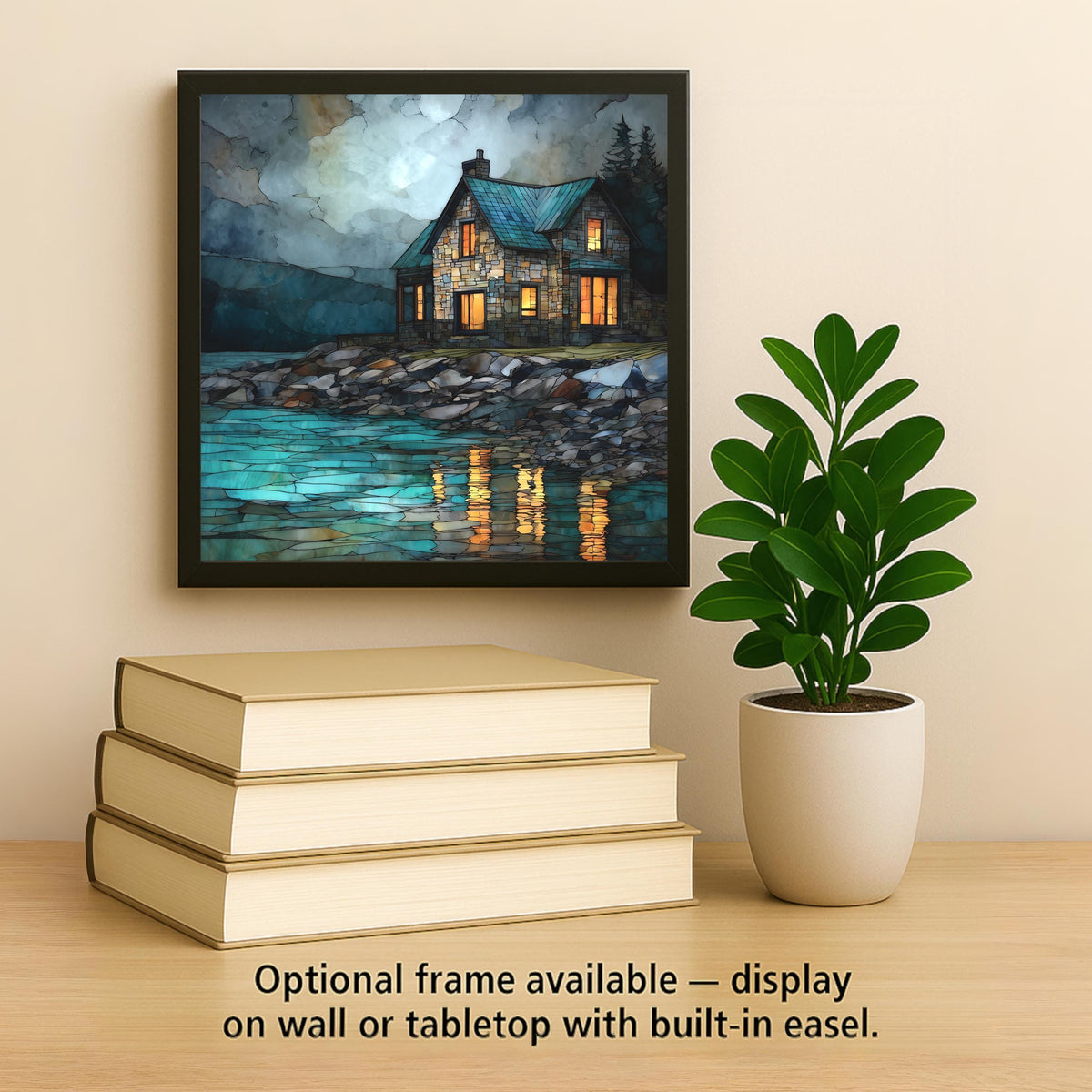 Coastal Cottage Wall Art Ceramic Tile Stained Glass Style Moonlit Gift Beach House Decor Ocean Nature