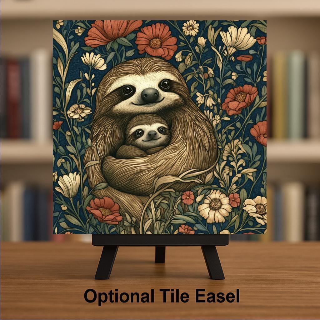 Art Nouveau Sloth Wall Art Ceramic Tile William Morris Gift Nursery Decor Sloth Lover Whimsical Nature Gift Tile
