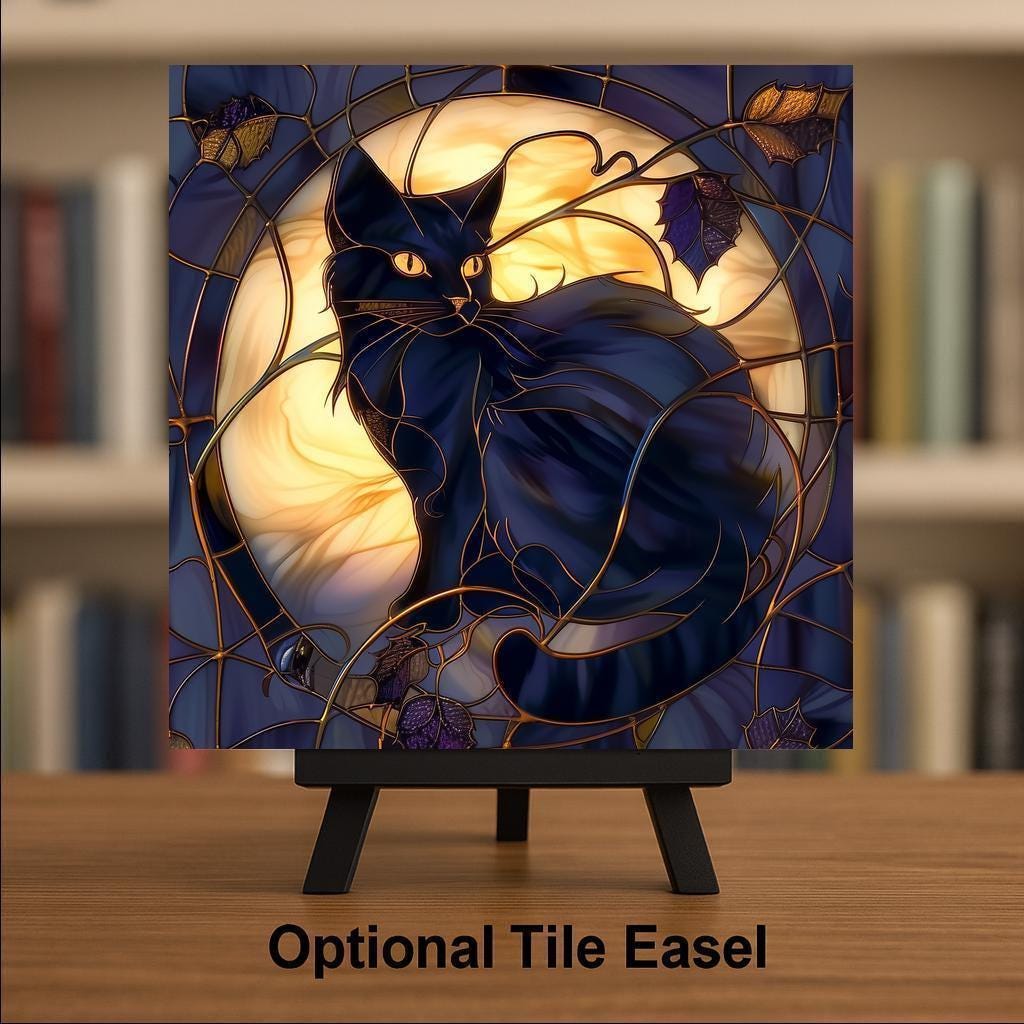 Moonlit Black Cat Ceramic Art Tile: Gothic Wall Decor Dark Academia Decor Fantasy Home Decor Wall Art Halloween Gothic Witch Enchanted Mo