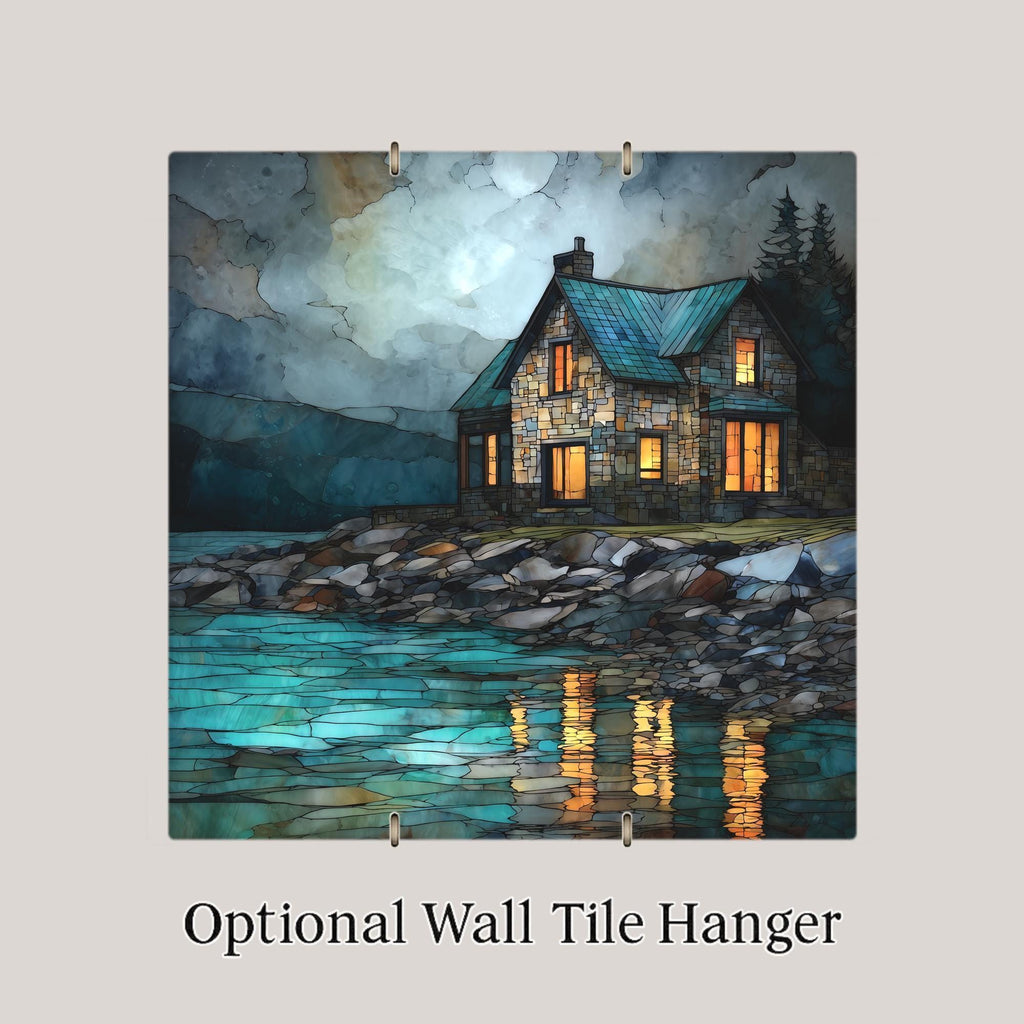 Coastal Cottage Wall Art Ceramic Tile Stained Glass Style Moonlit Gift Beach House Decor Ocean Nature