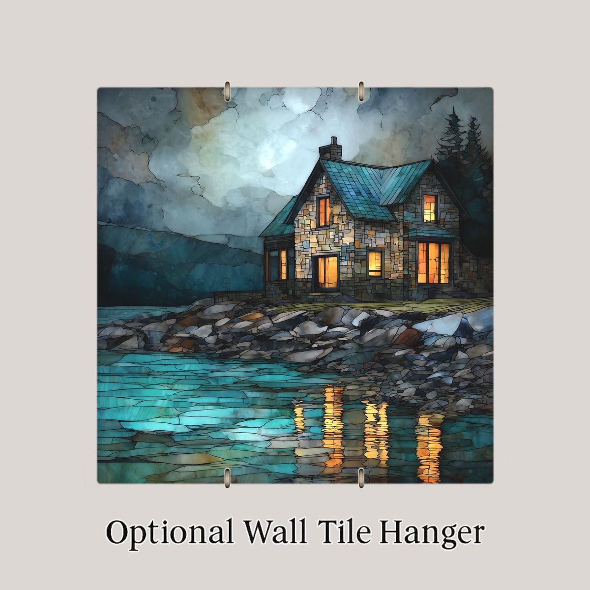 Coastal Cottage Wall Art Ceramic Tile Stained Glass Style Moonlit Gift Beach House Decor Ocean Nature