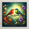 Art Nouveau stained glass style ceramic tile featuring two colorful songbirds perched on a curved branch surrounded by flowing golden vines and vibrant flowers. Jewel-toned feathers glow against a deep teal and emerald background, creating romantic bird wall decor perfect for anniversary gifts and nature-inspired home decor.