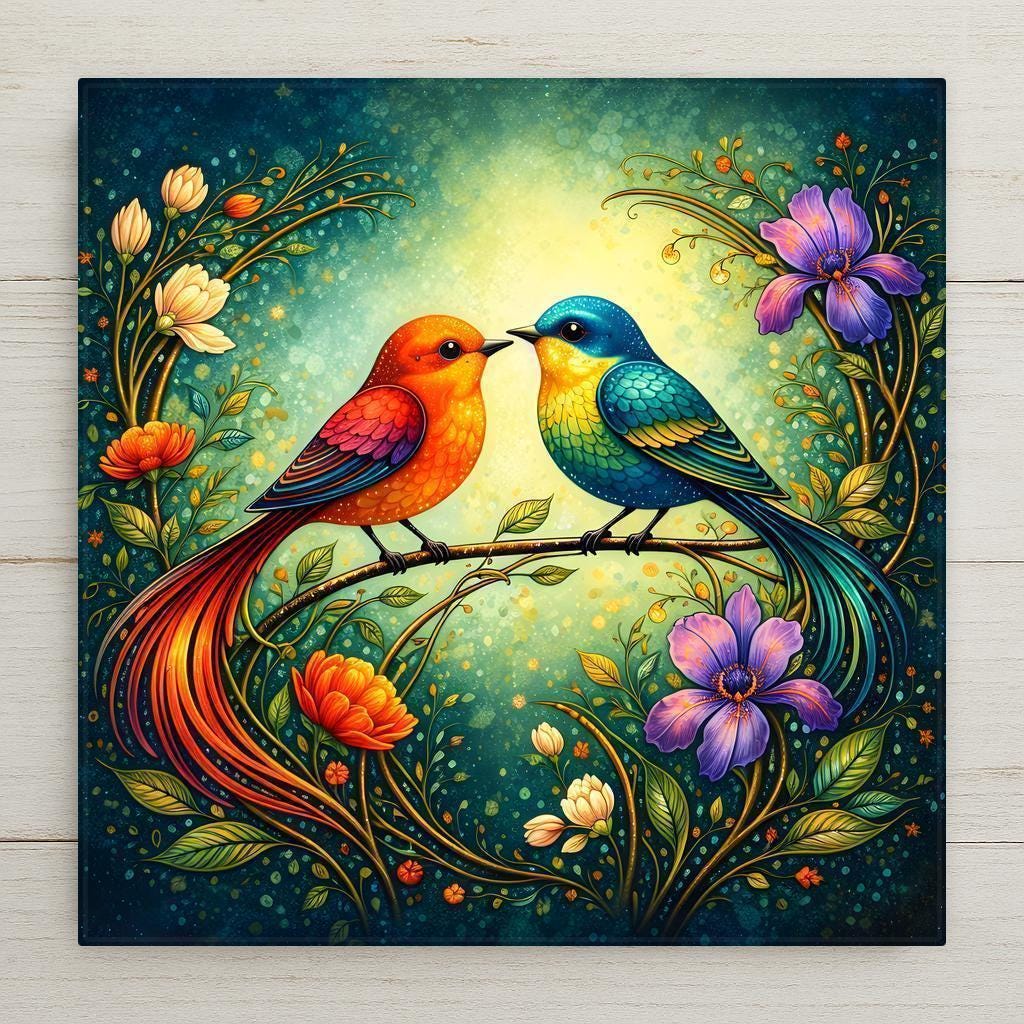 Art Nouveau stained glass style ceramic tile featuring two colorful songbirds perched on a curved branch surrounded by flowing golden vines and vibrant flowers. Jewel-toned feathers glow against a deep teal and emerald background, creating romantic bird wall decor perfect for anniversary gifts and nature-inspired home decor.