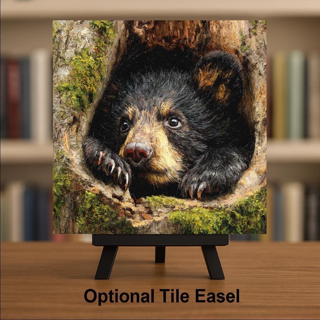 Black Bear Cub Ceramic Tile Wall Art - Woodland Wildlife Nature Decor for Rustic Cabin Home Display