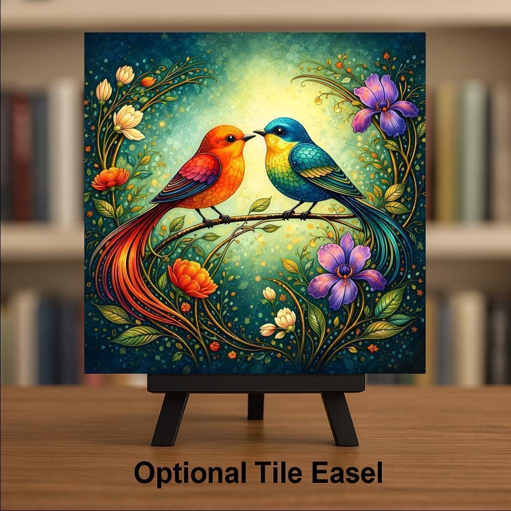 Colorful Love Birds Wall Art Ceramic Tile Art Nouveau Stained Glass Style Bird Decor Romantic Nature Gift Tile