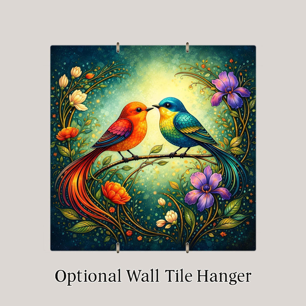 Colorful Love Birds Wall Art Ceramic Tile Art Nouveau Stained Glass Style Bird Decor Romantic Nature Gift Tile