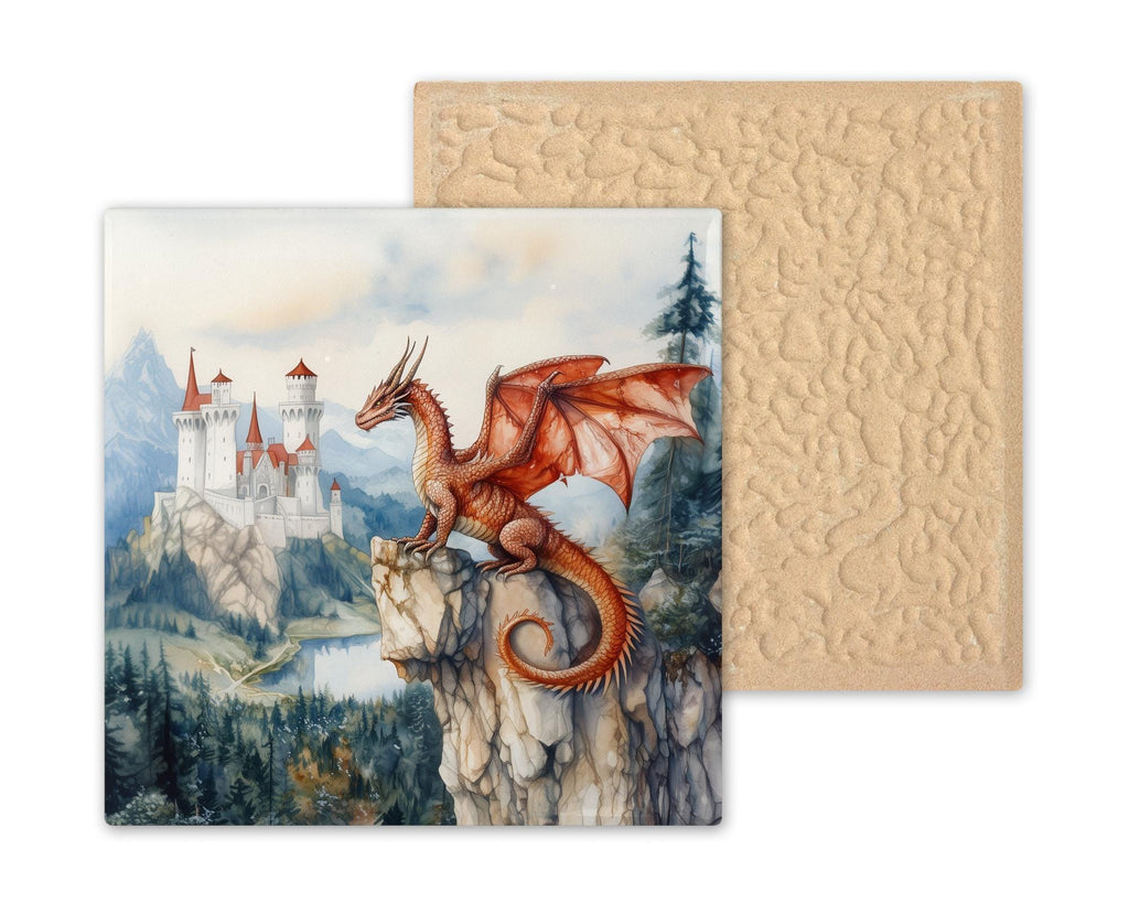 Watercolor Dragon Wall Art Ceramic Tile Fantasy Castle Gift Medieval Decor Myth Art Dragon Lover Gift Tile
