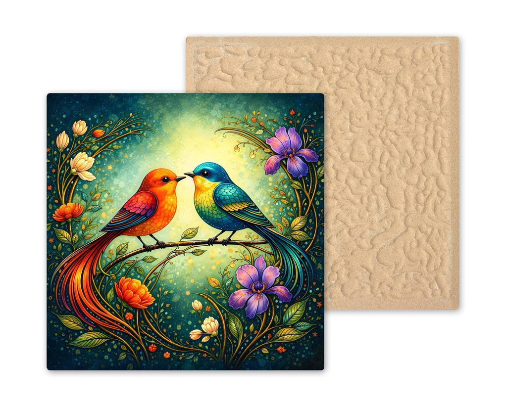 Colorful Love Birds Wall Art Ceramic Tile Art Nouveau Stained Glass Style Bird Decor Romantic Nature Gift Tile