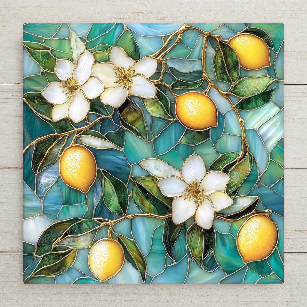 Inspired by the ornate curves and elegance of Art Nouveau, this lemon blossom ceramic tile art combines fantasy and botanical realism. The gold-outlined details and flowing teal background mimic Tiffany-style stained glass, creating a luxurious, calming focal point for any space.