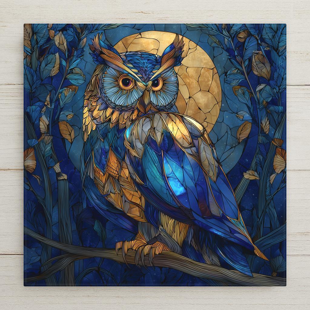 Stained-glass style owl ceramic tile wall art featuring bold blues, golds, and a glowing moon. Permanent print on ceramic tile. Great for woodland wall decor, gifts, and home accents. Optional tile wall hanger, easel tile stand, cork backing, and premium frame available.