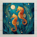 Stained glass–style seahorse ceramic tile wall art featuring two golden seahorses in deep blue ocean tones. Coastal wall decor perfect for beach home decor, ocean lovers, and meaningful sea life art. Printed ceramic tile with optional wall hanger, easel stand, cork backing, or premium frame for wall or tabletop display.