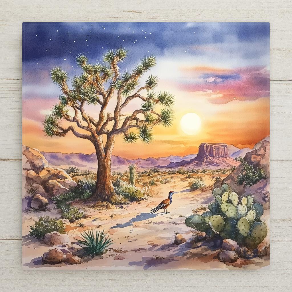 Stained glass style Joshua Tree ceramic tile with iconic silhouette branches against a warm desert sunset sky of gold amber and deep teal, surrounded by desert wildflowers and boulders in jewel-toned stained glass style.