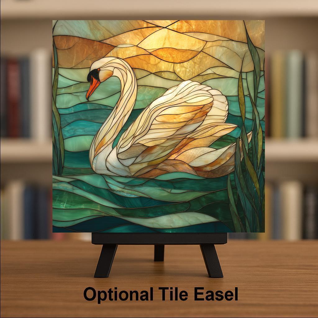 Swan Ceramic Art Tile – Serene Lake Sunset Wall Decor, Coastal Waterfowl Nature Lover Gift