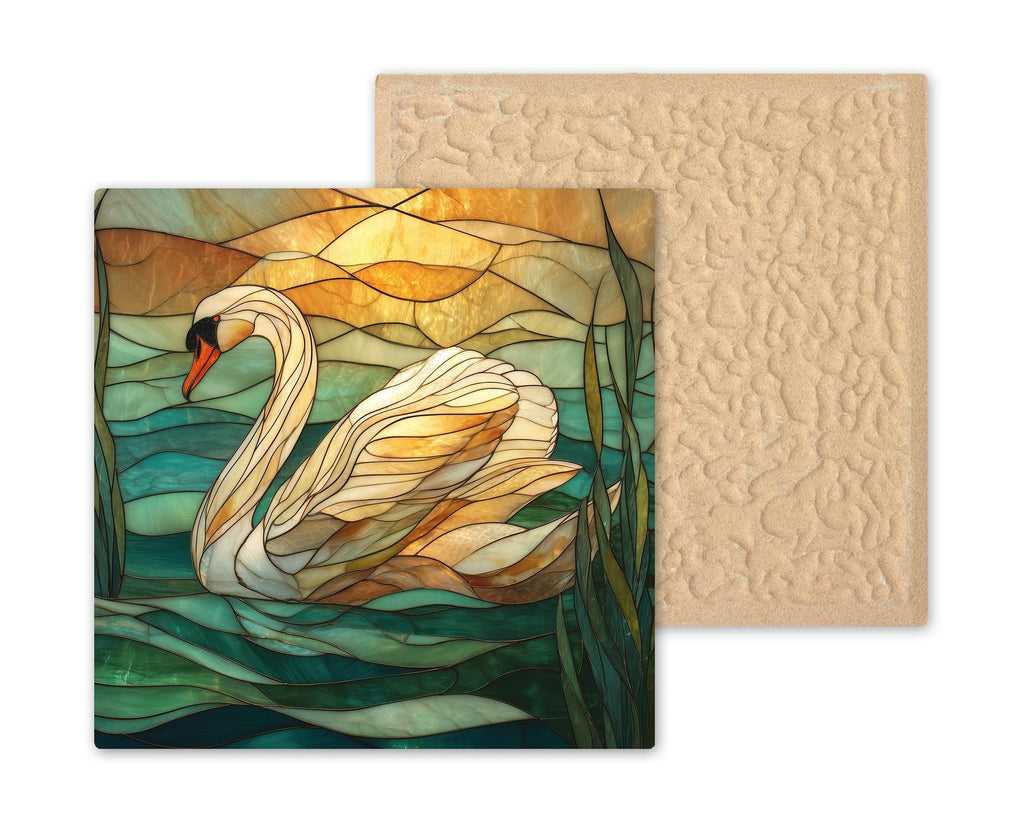 Swan Ceramic Art Tile – Serene Lake Sunset Wall Decor, Coastal Waterfowl Nature Lover Gift