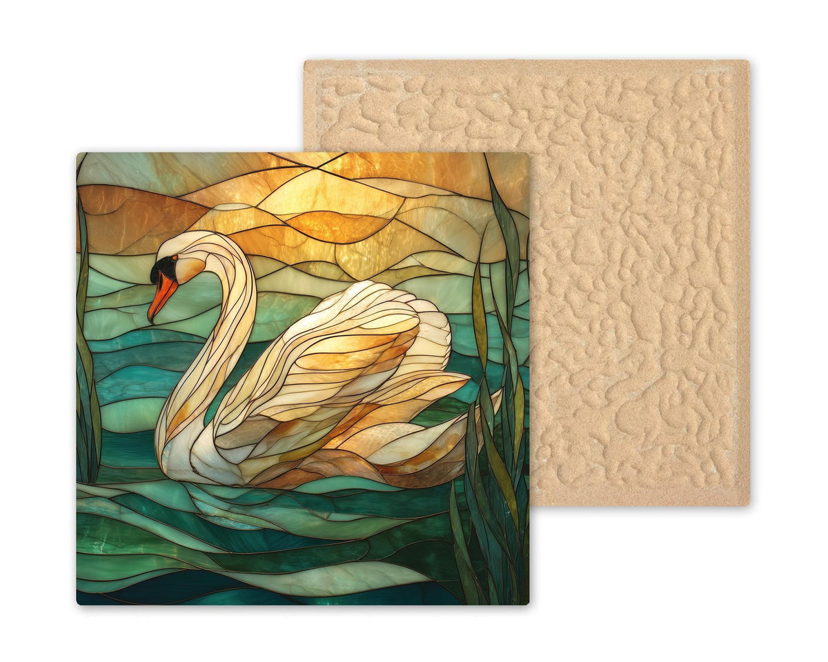 Swan Ceramic Art Tile – Serene Lake Sunset Wall Decor, Coastal Waterfowl Nature Lover Gift