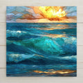 Abstract ocean waves ceramic tile wall art featuring layered teal, aqua, and deep blue tones with warm golden highlights in a stained glass–style design. This calming coastal artwork is a permanent high-resolution print on ceramic tile, offering a modern, soothing interpretation of the sea for meaningful home decor and wall display.