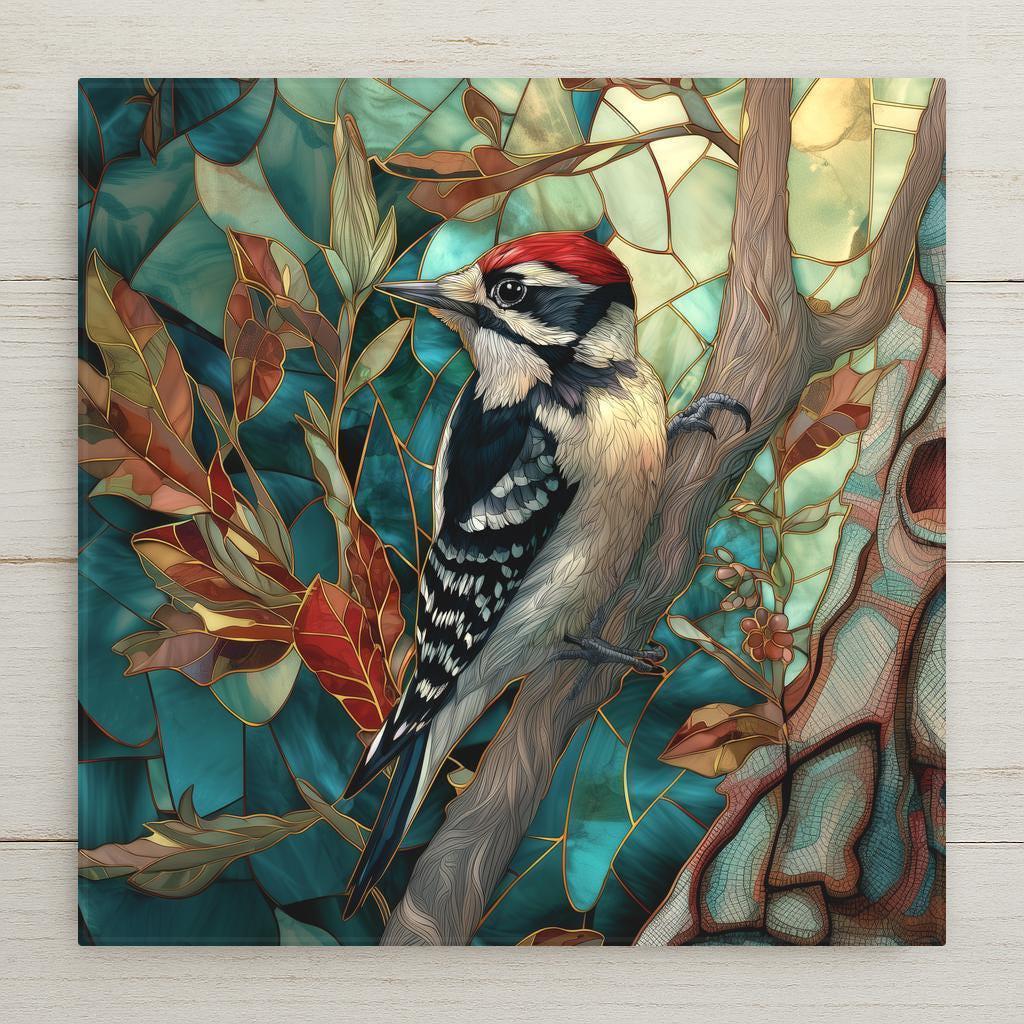 Downy Woodpecker ceramic tile wall art in stained glass style. Luminous Art Nouveau design, rich teal and earthy accents. Optional tile wall hanger, easel tile stand, or cork backing available. Perfect woodland home decor or gift for bird lovers.