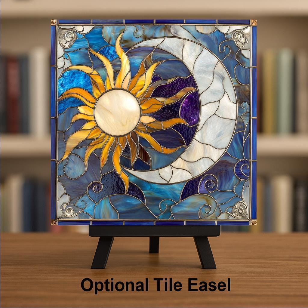 Sun and Moon Wall Art Ceramic Tile Celestial Gift Stained Glass Style Decor Spiritual Home Art Symbolic Gift Tile