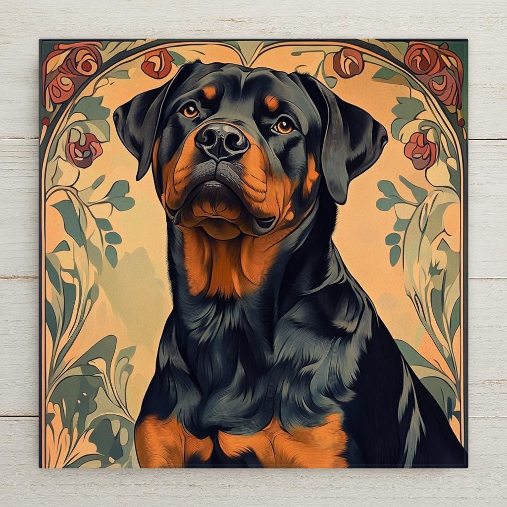 Art Nouveau Rottweiler ceramic tile featuring a regal dog portrait framed in floral curves. Perfect gift for dog lovers or unique wall decor.