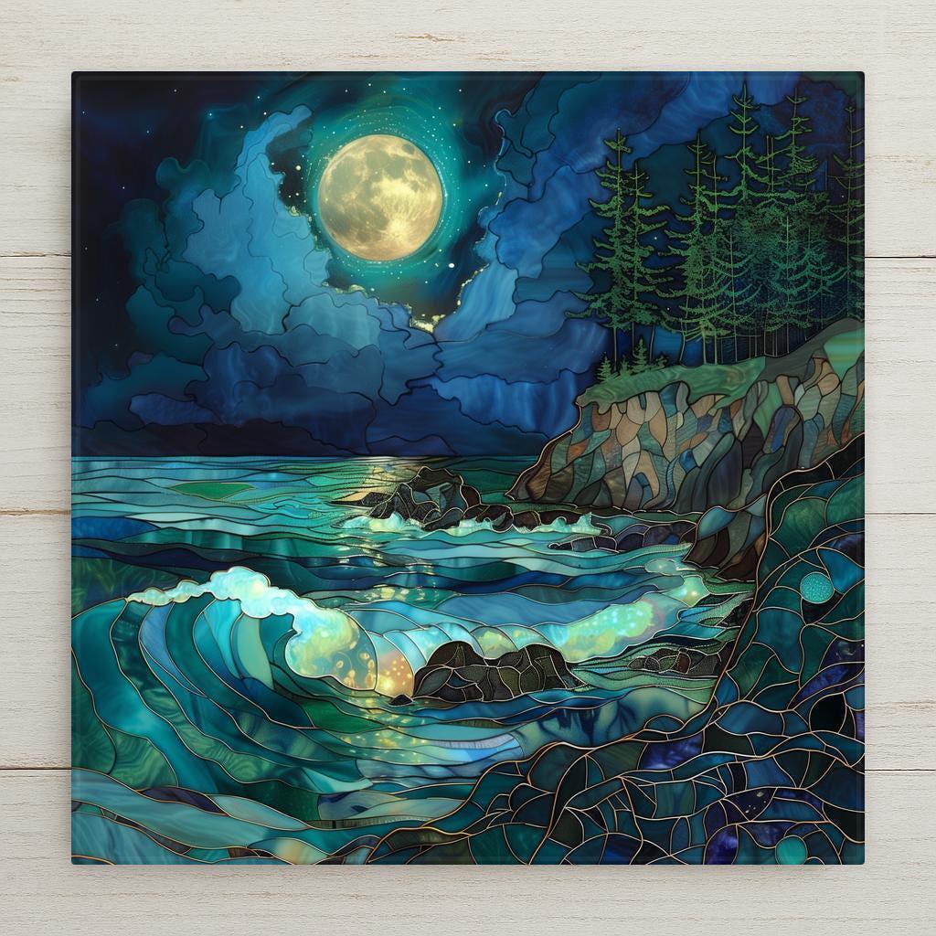 Stained glass style ceramic tile featuring a glowing full moon over emerald ocean waves and a forested Pacific Northwest cliff. Deep teal and sapphire tones blend with golden moonlight reflecting across the water. Rustic coastal wall decor inspired by moonlit PNW landscapes.