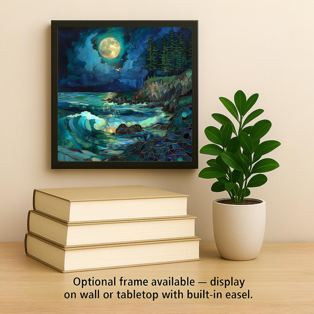 Pacific Northwest Wall Art Ceramic Tile – Moonlit Ocean Cliff Decor – Emerald Coastal Home Decor – Rustic Cabin Wall Decor