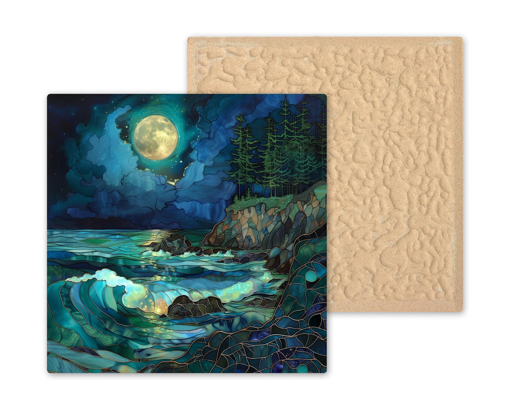 Pacific Northwest Wall Art Ceramic Tile – Moonlit Ocean Cliff Decor – Emerald Coastal Home Decor – Rustic Cabin Wall Decor