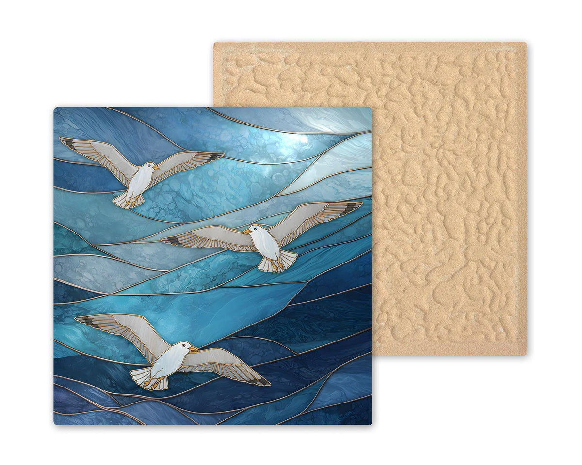 Seagull Ceramic Art Tile – Stained Glass Style Coastal Beach Wall Decor, Seaside Ocean Bird Gift