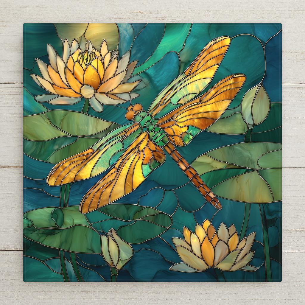 Golden dragonfly flying over water lilies and lily pads in stained glass style artwork with teal pond background.