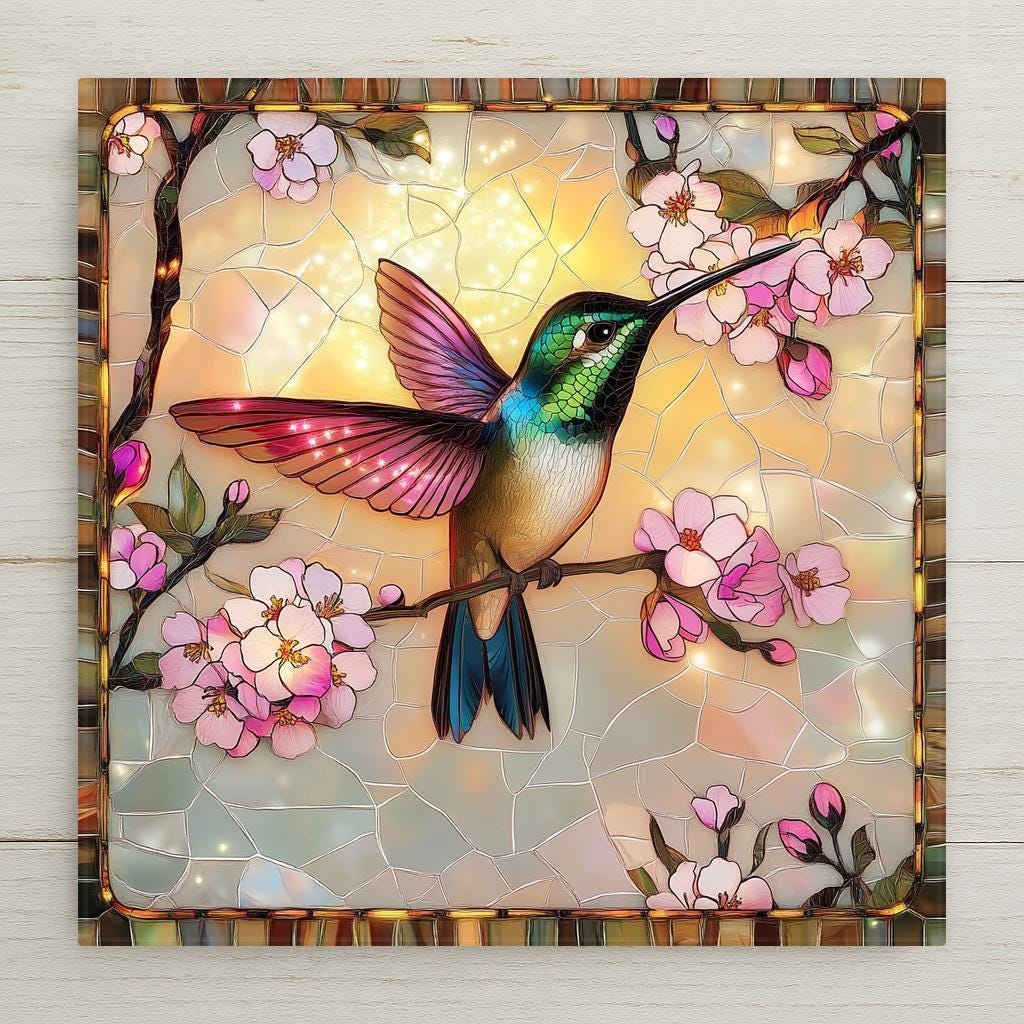 This handmade Hummingbird Ceramic Tile features a stained glass-style bird among cherry blossoms, perfect for spring-themed wall decor or gifting. Vivid colors and floral elegance make it ideal for nature lovers, art collectors, or as a beautiful home decoration.