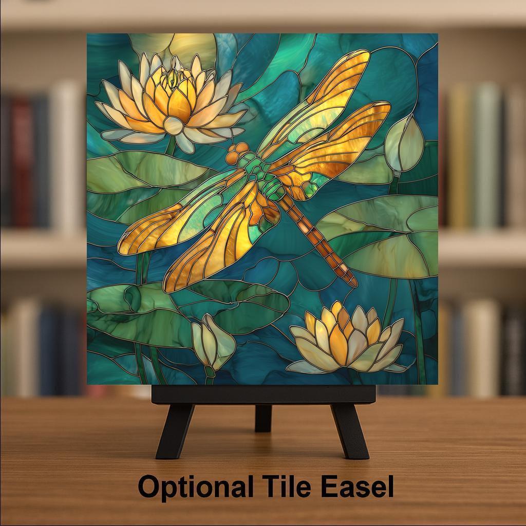 Dragonfly Water Lily Ceramic Art Tile – Botanical Pond Nature Art, Garden Decor, Dragonfly Lover Gift, Floral Spring