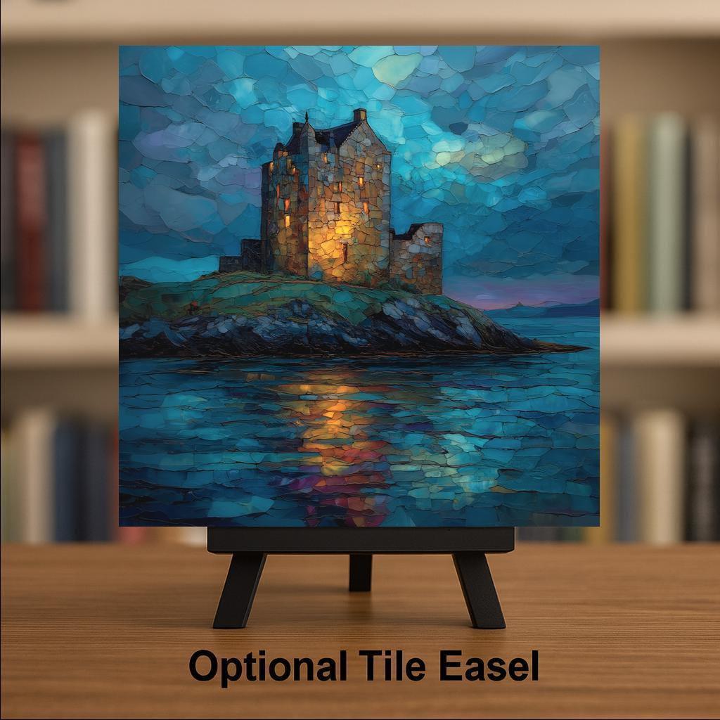 Scottish Castle Ceramic Art Tile – Stained Glass Style Night Seascape Wall Decor, Historic Island Travel Gift