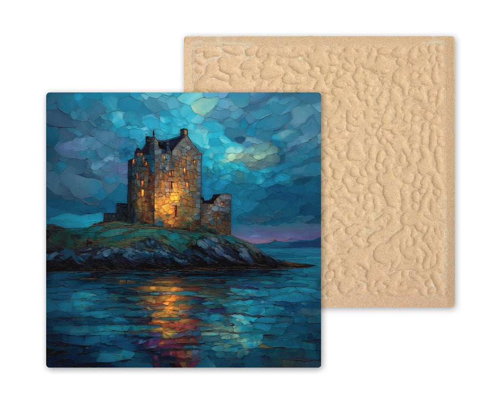 Scottish Castle Ceramic Art Tile – Stained Glass Style Night Seascape Wall Decor, Historic Island Travel Gift