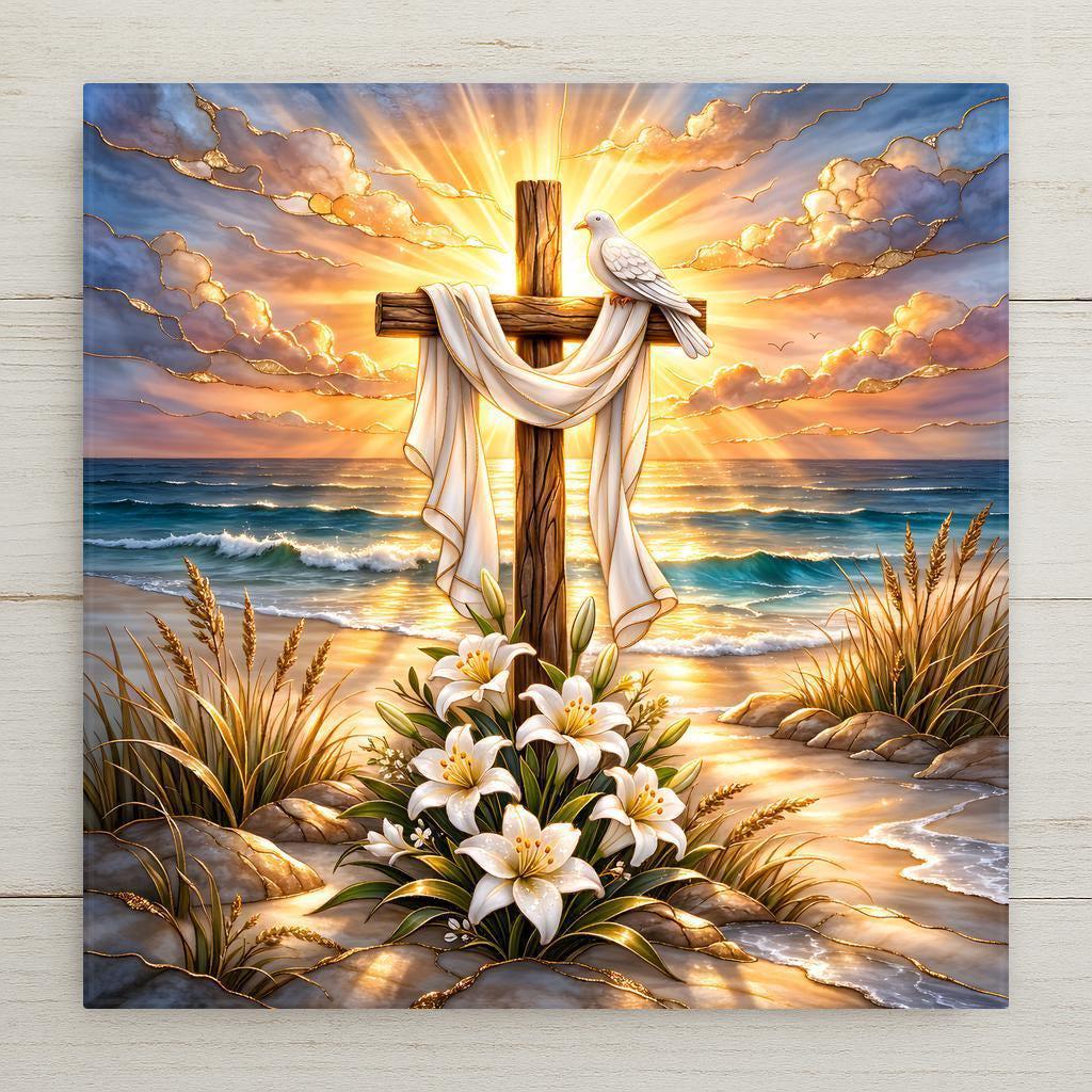Stained-glass style ceramic tile featuring a wooden cross draped in white cloth at sunrise over the ocean. White Easter lilies bloom at the base, and a dove rests on the cross. Golden sun rays illuminate the coastal scene, symbolizing Resurrection and faith. Christian Easter and Christmas wall decor design.