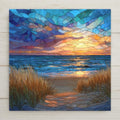 Cape Cod ocean sunset ceramic tile wall art featuring a stained glass–style coastal scene with dunes, waves, and warm sunset light. A glossy ceramic tile designed as coastal wall decor or nautical home decor. Optional tile wall hanger, easel tile stand, cork backing, and premium frame available.