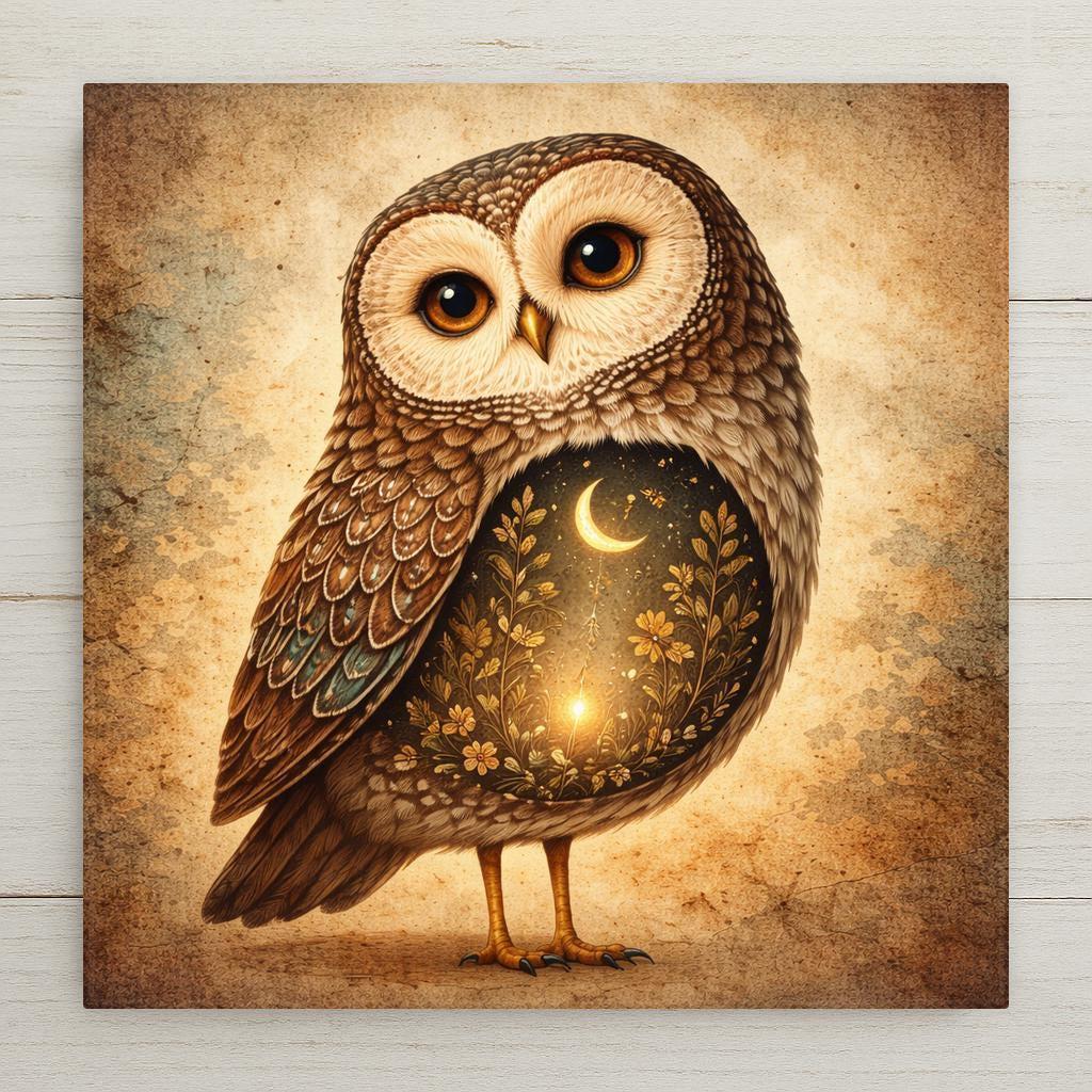 Whimsical owl ceramic tile wall art featuring a wide-eyed owl beneath a glowing moon, with botanical details and warm earth tones. Folk art–inspired owl home decor with a stained glass style appearance, printed permanently on ceramic tile. Peaceful nature wall decor ideal for owl lovers, reading nooks, and cozy interiors.