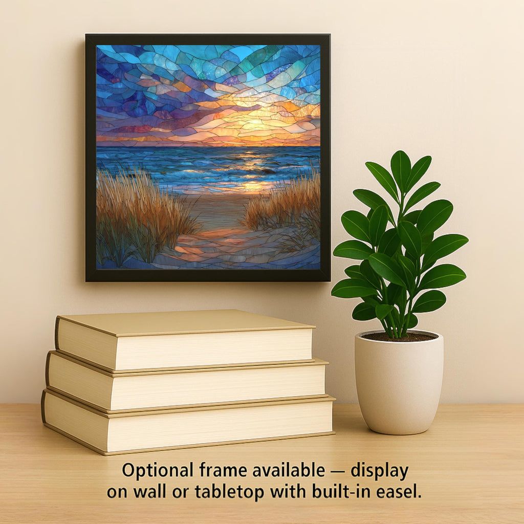 Cape Cod Sunset Ceramic Art Tile – Stained Glass Style Coastal Beach Wall Decor, New England Nautical Gift