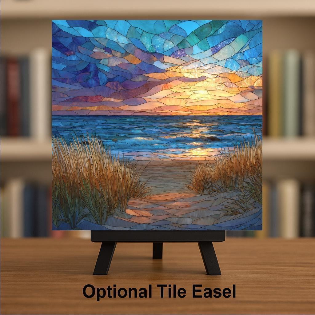 Cape Cod Sunset Ceramic Art Tile – Stained Glass Style Coastal Beach Wall Decor, New England Nautical Gift