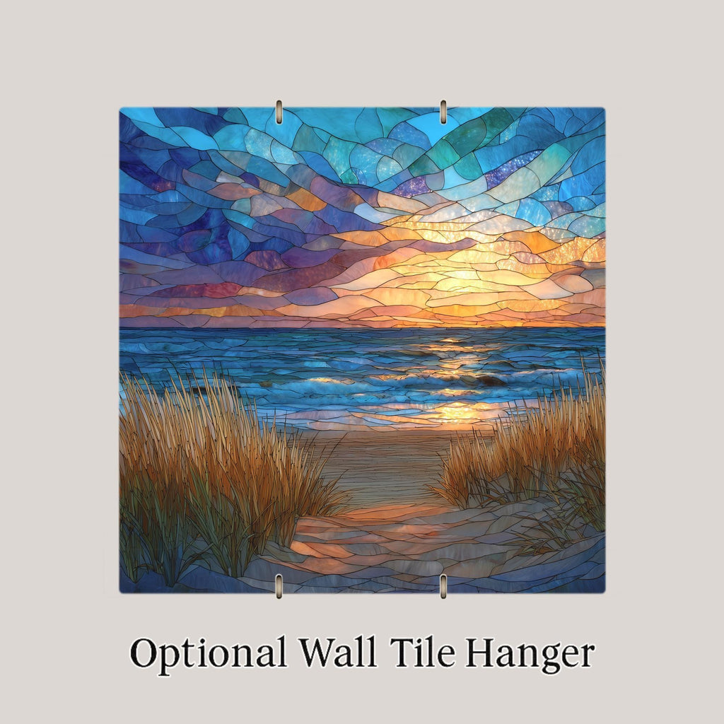 Cape Cod Sunset Ceramic Art Tile – Stained Glass Style Coastal Beach Wall Decor, New England Nautical Gift