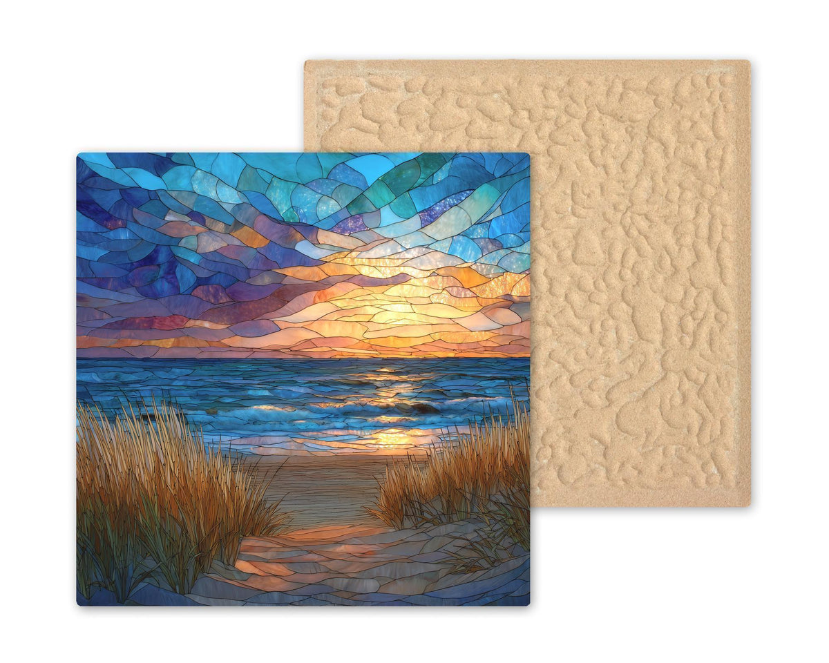 Cape Cod Sunset Ceramic Art Tile – Stained Glass Style Coastal Beach Wall Decor, New England Nautical Gift