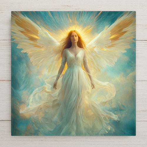 Celebrate divine beauty with this Christian Angel ceramic tile art, a graceful fusion of symbolism and abstract expression. This artwork features a radiant angel set against a heavenly backdrop, glowing with soft celestial tones and intricate texture.