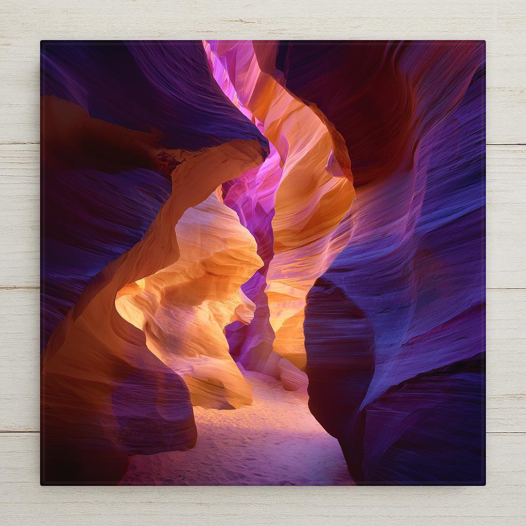 Ceramic tile wall art inspired by Antelope Canyon near Page, Arizona. This stained glass–style slot canyon scene features glowing sandstone walls and dramatic light beams in warm gold, purple, and blue tones. A permanent print on tile, not real stone or glass. Ideal for Southwest wall decor, desert home decor, and nature-inspired interiors. Optional tile wall hanger, easel tile stand, cork backing, or premium frame available.