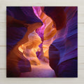 Ceramic tile wall art inspired by Antelope Canyon near Page, Arizona. This stained glass–style slot canyon scene features glowing sandstone walls and dramatic light beams in warm gold, purple, and blue tones. A permanent print on tile, not real stone or glass. Ideal for Southwest wall decor, desert home decor, and nature-inspired interiors. Optional tile wall hanger, easel tile stand, cork backing, or premium frame available.