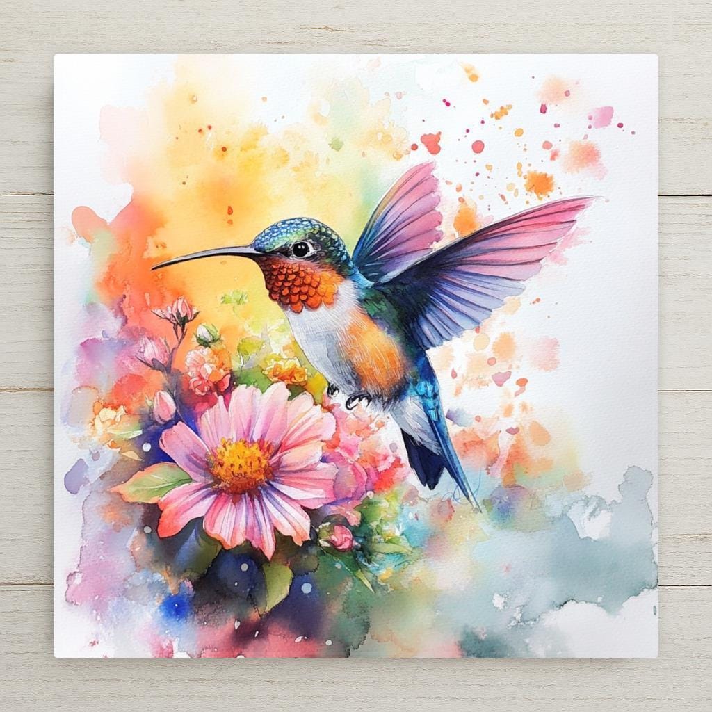 Watercolor hummingbird ceramic tile with floral bouquet. Bright and colorful for kitchen, garden, or wall display. Cork backing, hanger, and stand options available.