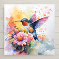 Watercolor hummingbird ceramic tile with floral bouquet. Bright and colorful for kitchen, garden, or wall display. Cork backing, hanger, and stand options available.