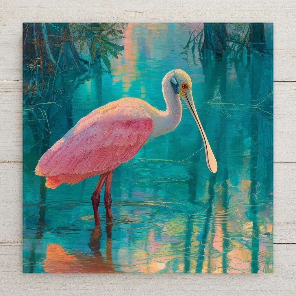 Elegant Roseate Spoonbill ceramic tile art with soft pink and teal tones. Perfect for wall art, wall decor, or tabletop display. Permanent print on ceramic with lasting color. Optional tile wall hanger, easel stand, cork backing, and premium frame available.
