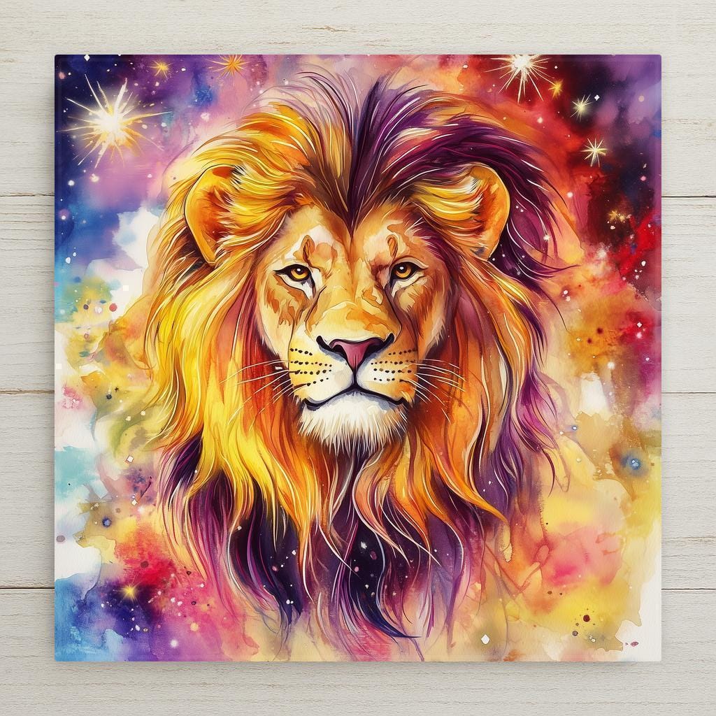 Vibrant Leo the Lion zodiac art on ceramic tile. This bold, celestial design features a majestic lion in watercolor style—perfect for Leos, astrology lovers, or unique gifts. A radiant blend of strength and beauty for any space.