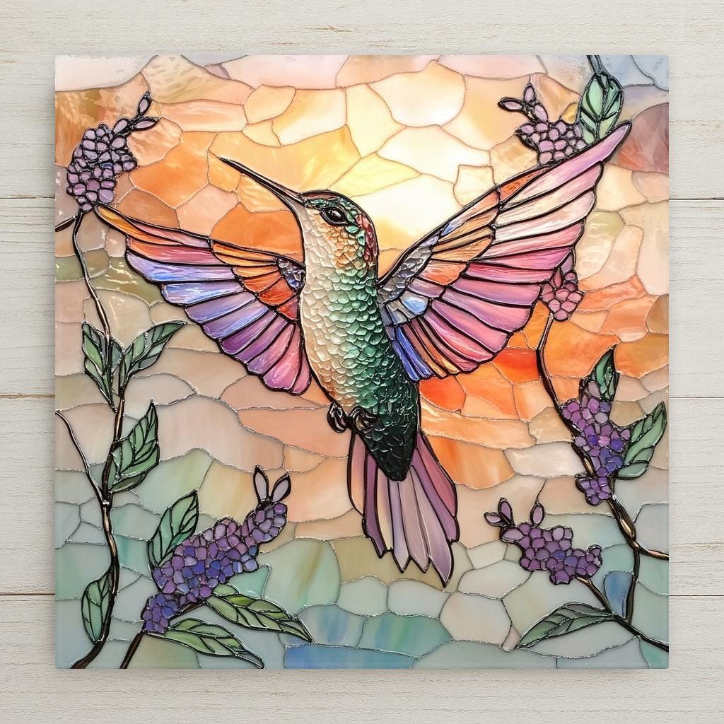 Stained glass-style ceramic tile featuring a radiant hummingbird at sunrise with lavender blooms. A beautiful bird lover gift and nature wall art piece.