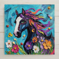This colorful horse ceramic tile wall art features a floral mane and bold design. A vibrant and whimsical gift for horse lovers, artists, and boho décor fans.